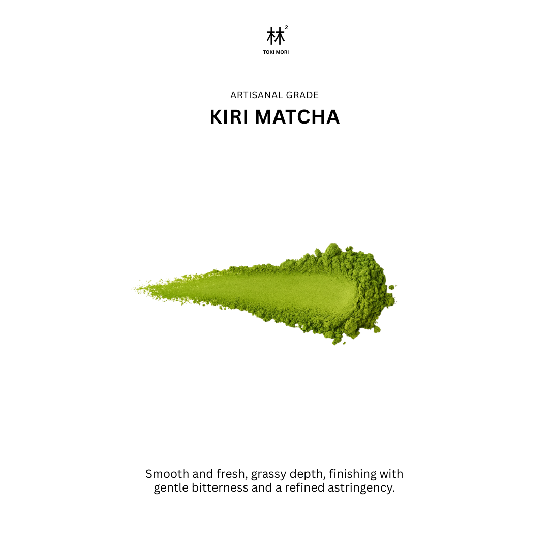 Artisanal grade Kiri Matcha powder on a white background with brand logo.