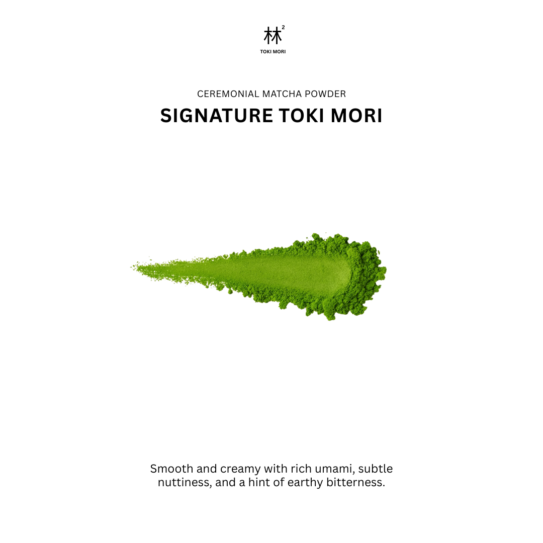 Toki Mori ceremonial matcha powder with brand name and description on a white background