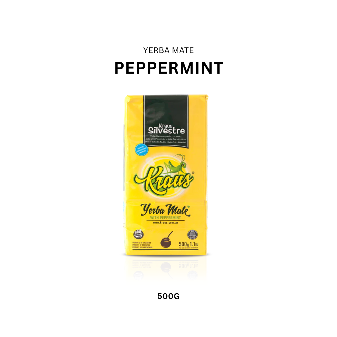 Kraus Silvestre Yerba Mate with Peppermint 500g – Organic Argentine yerba mate tea blend with natural peppermint flavor, eco-friendly and fair trade certified, sold in Singapore