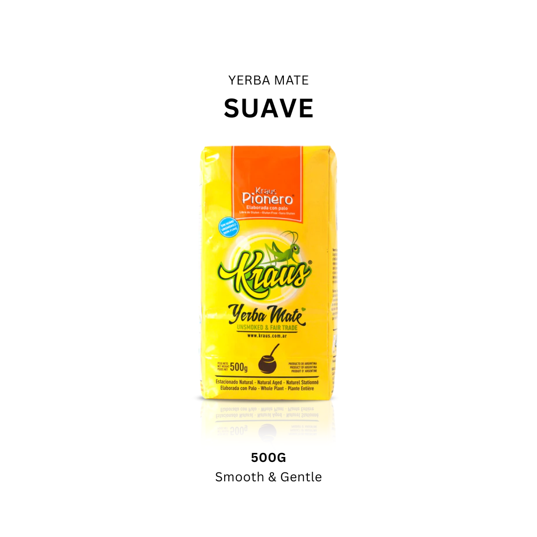 Kraus Pionero Yerba Mate Suave 500g – Organic unsmoked Argentine yerba mate with a smooth, gentle flavor, fair trade certified and sold in Singapore